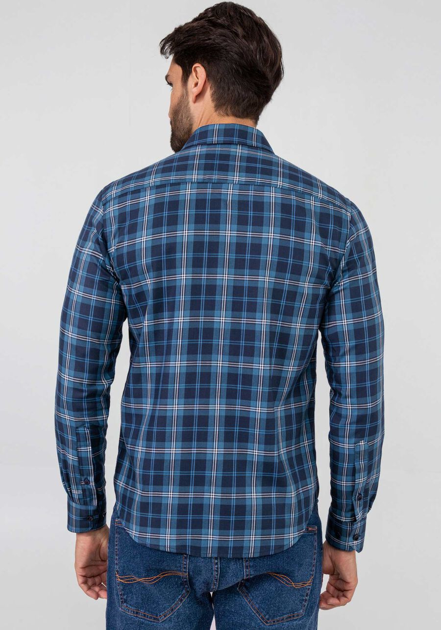 Camisa Masculina Slim Fit em Tecido Sarja Xadrez, MARINHO ACTION. Camisa Masculina Slim Fit em Tecido Sarja Xadrez, MARINHO ACTION, large.