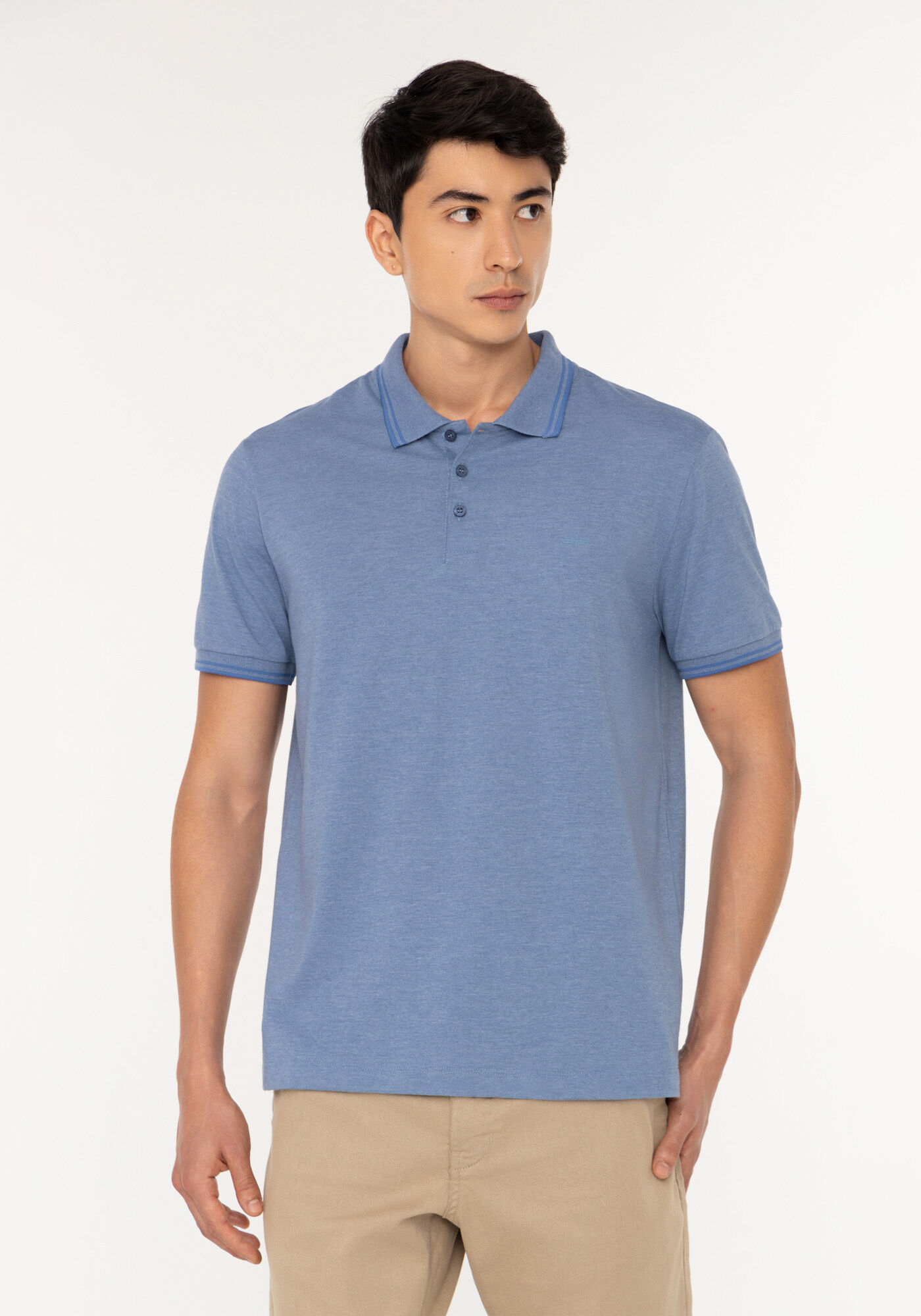 Camisa De Mangas Curtas Com Gola Polo Em Malha Mesclada, MARINHO CRISTAL, large.