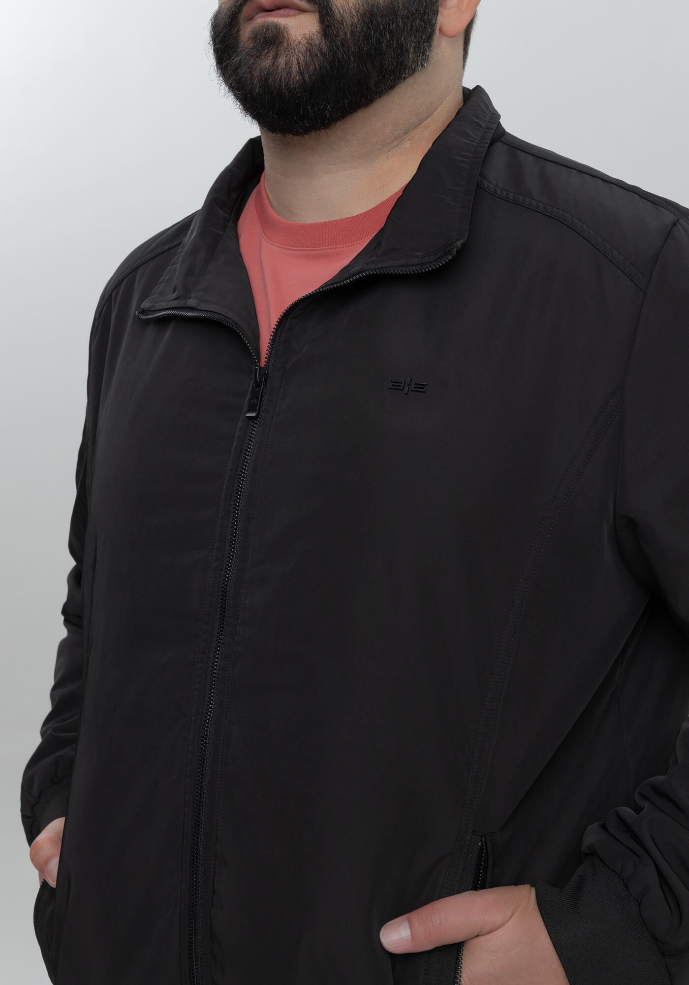 Jaqueta Casual Com Gola Alta E Bolsos Funcionais Big & Tall, PRETO REATIVO, large.