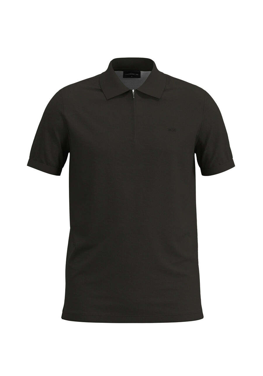 Camisa Polo Com Zíper Em Malha Piquet Pima, PRETO. Camisa Polo Com Zíper Em Malha Piquet Pima, PRETO, large.