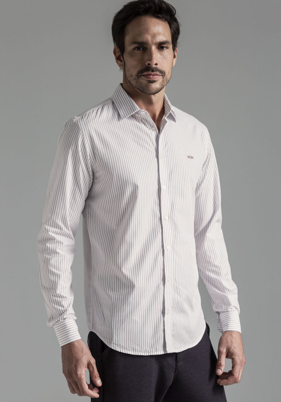 Camisa Masculina Slim Fit Fio Egípcio Listrada, BRANCO/BORDO. Camisa Masculina Slim Fit Fio Egípcio Listrada, BRANCO/BORDO, large.