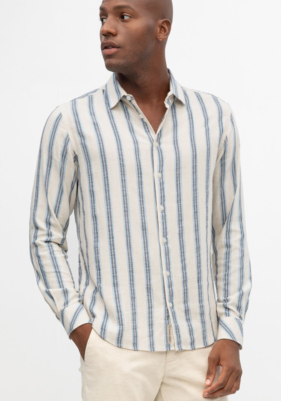 Camisa Masculina Slim Fit em Tecido Linen Listrada, BRANCO OFF WHITE. Camisa Masculina Slim Fit em Tecido Linen Listrada, BRANCO OFF WHITE, large.