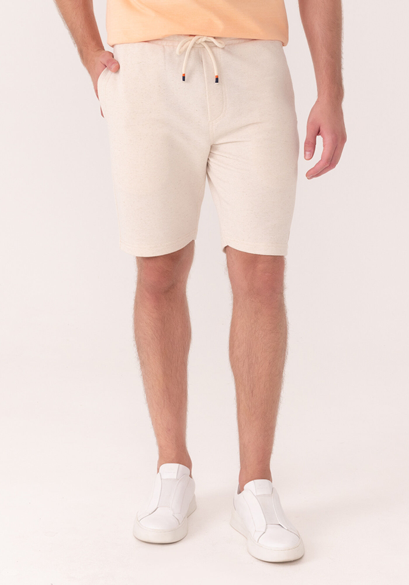 Bermuda Com Bolsos Em Moletom Com Linho, BEGE ORVALHO, large.