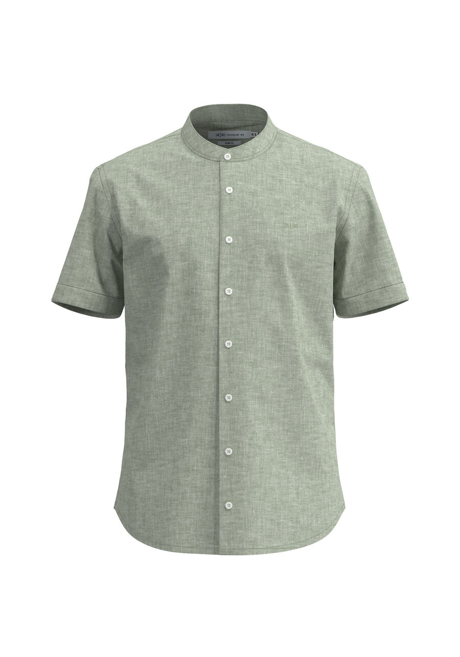Camisa De Mangas Curtas Com Gola Padre E Linho, VERDE WING. Camisa De Mangas Curtas Com Gola Padre E Linho, VERDE WING, large.