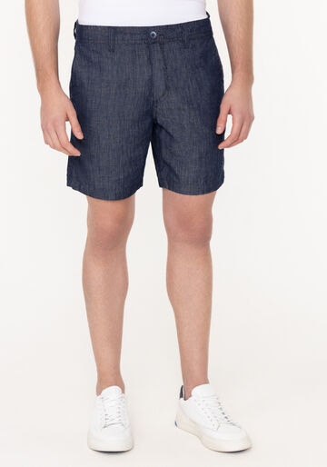 Shorts Jeans Reto Amaciado Com Linho E Bolsos, JEANS. Shorts Jeans Reto Amaciado Com Linho E Bolsos, JEANS, large.