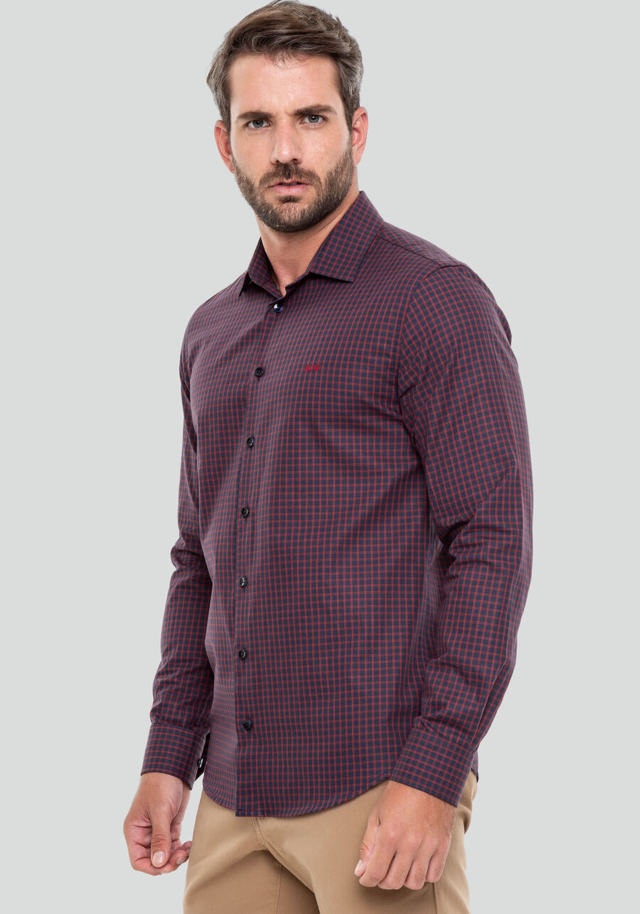 Camisa Manga Longa Masculina em Tricoline Slim Fit, VERMELHO F/MARINHO F. Camisa Manga Longa Masculina em Tricoline Slim Fit, VERMELHO F/MARINHO F, large.