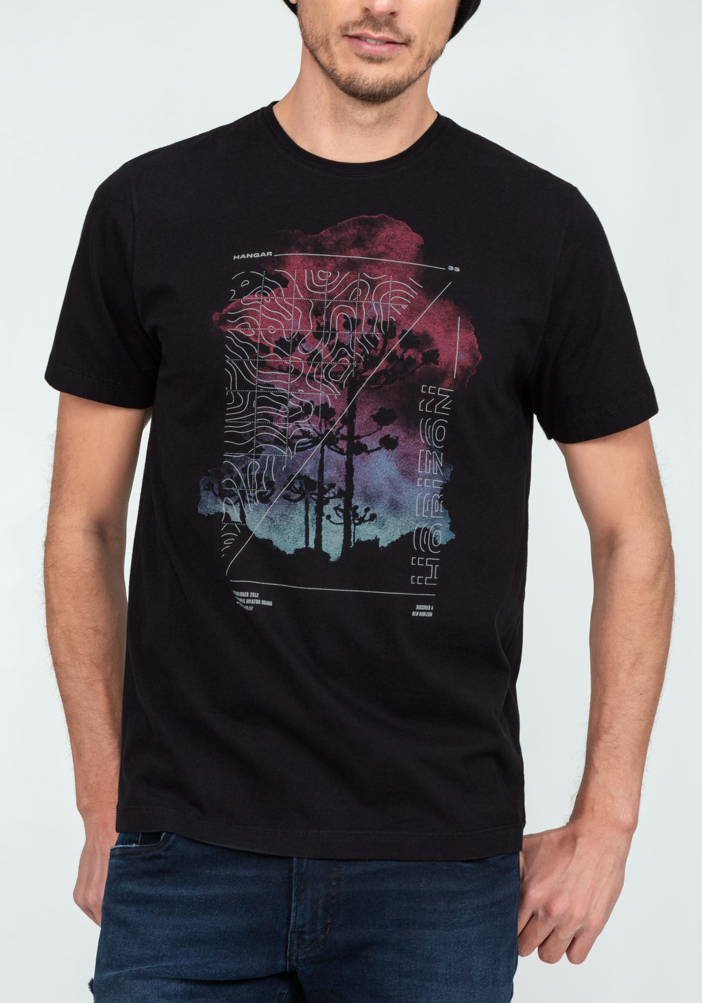 Camiseta Manga Curta em Malha Estampada, PRETO REATIVO, large.