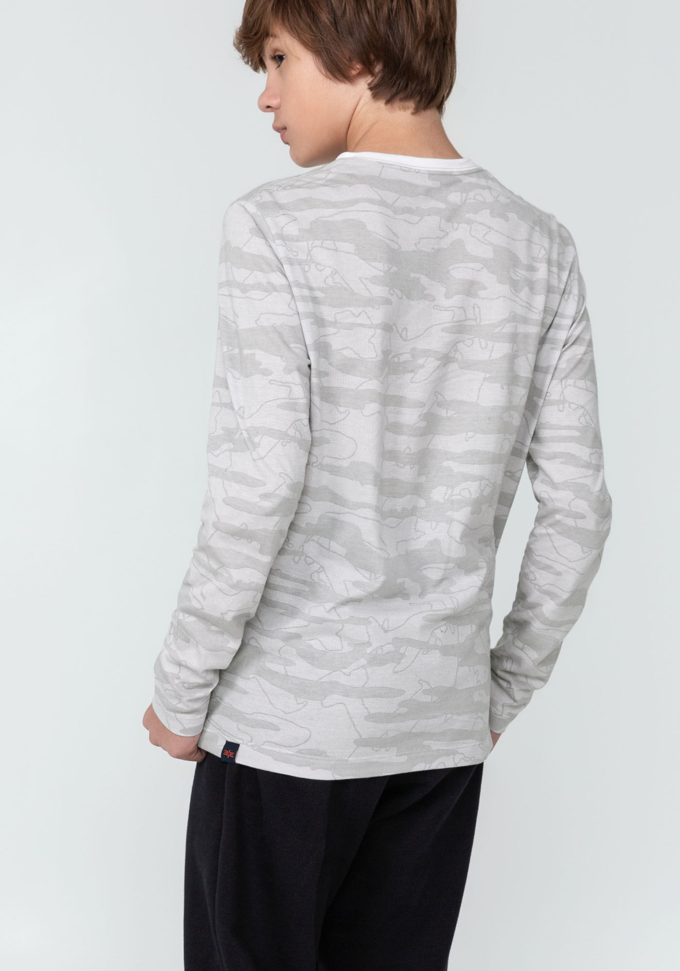 Camiseta Manga Longa em Malha Estampada Juvenil, GRID CINZA, large.