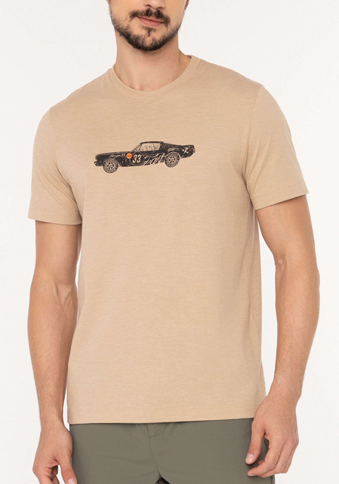 Camiseta De Mangas Curtas Com Estampa Em Malha Mesclada, BEGE MACCHIATO, large.