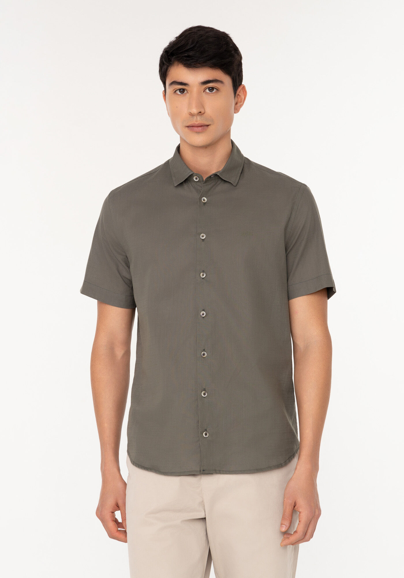 Camisa De Mangas Curtas Masculina Slim Fit Em Tecido Flam&ecirc;, VERDE FURIA, large.