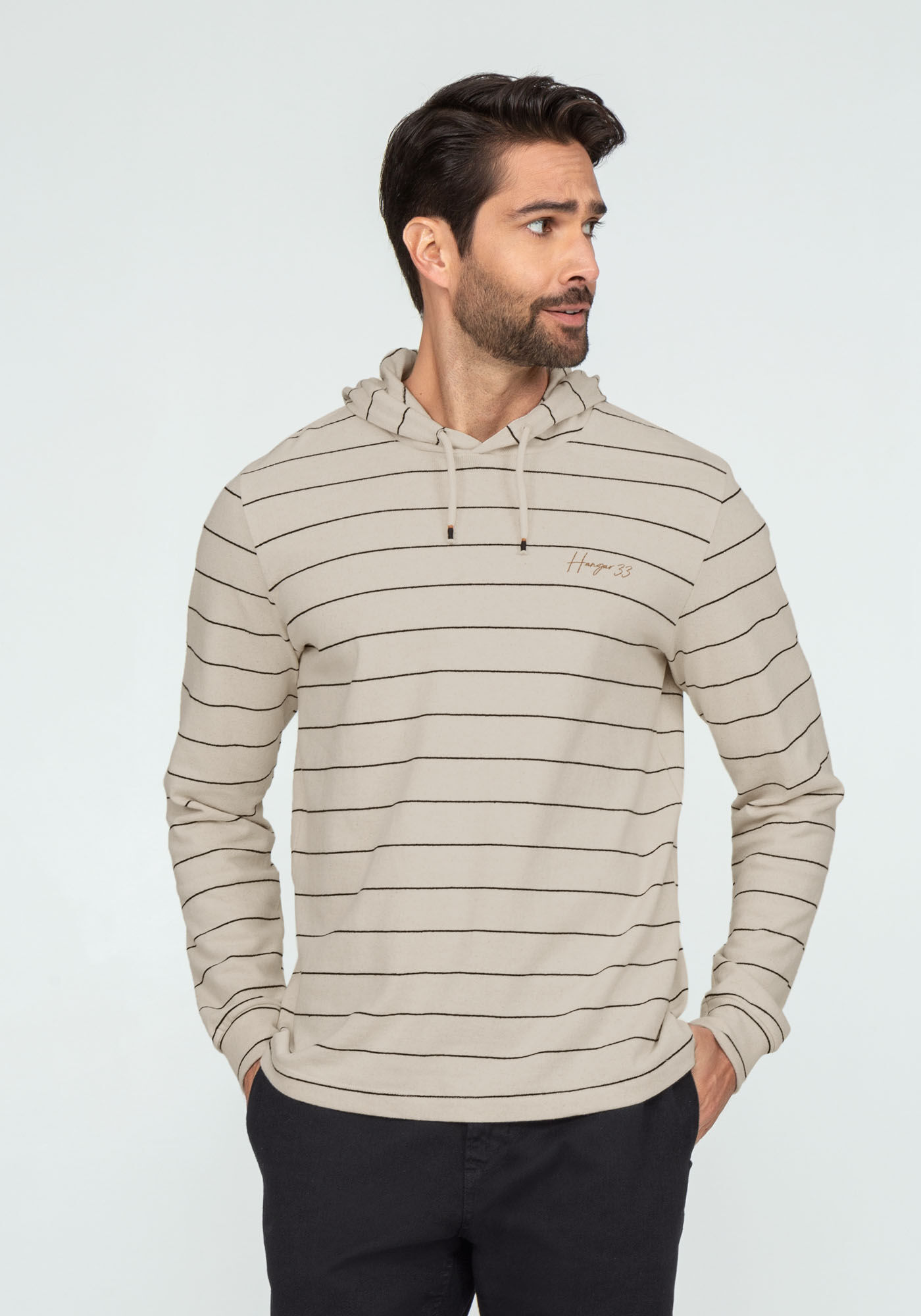 Blus&atilde;o Listrado em Malha com Capuz, BRANCO OFF WHITE, large.