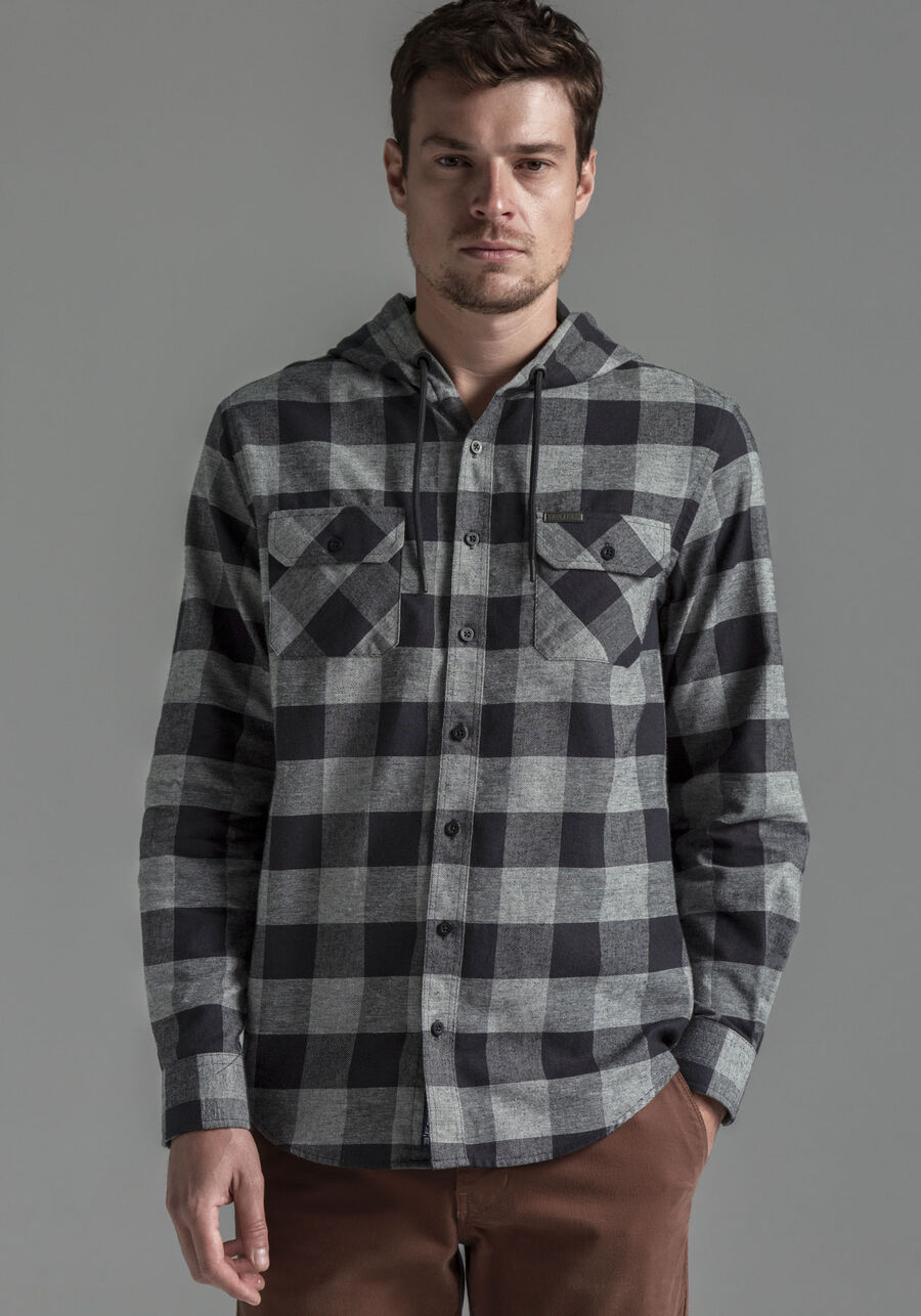 Camisa Masculina Comfort em Flanela com Capuz, CINZA NOTI. Camisa Masculina Comfort em Flanela com Capuz, CINZA NOTI, large.