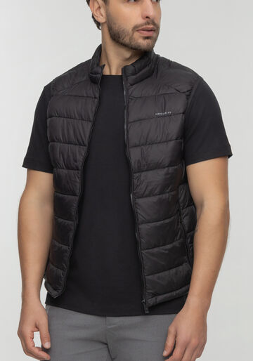 Colete Puffer De Gola Alta Com Zíper E Bolsos, PRETO REATIVO. Colete Puffer De Gola Alta Com Zíper E Bolsos, PRETO REATIVO, large.