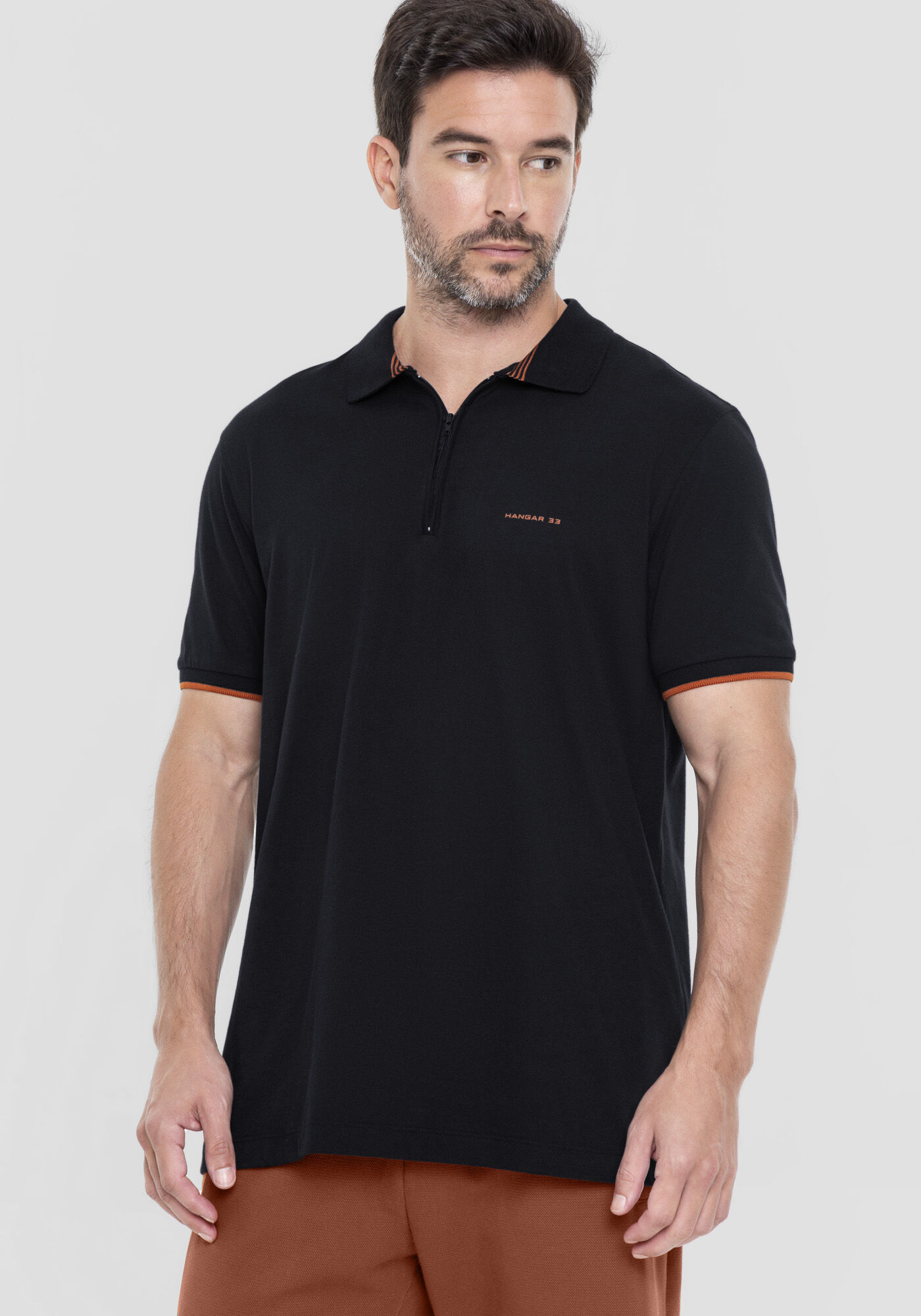 Camisa Polo Masculina em Malha com Z&iacute;per, PRETO REATIVO, large.