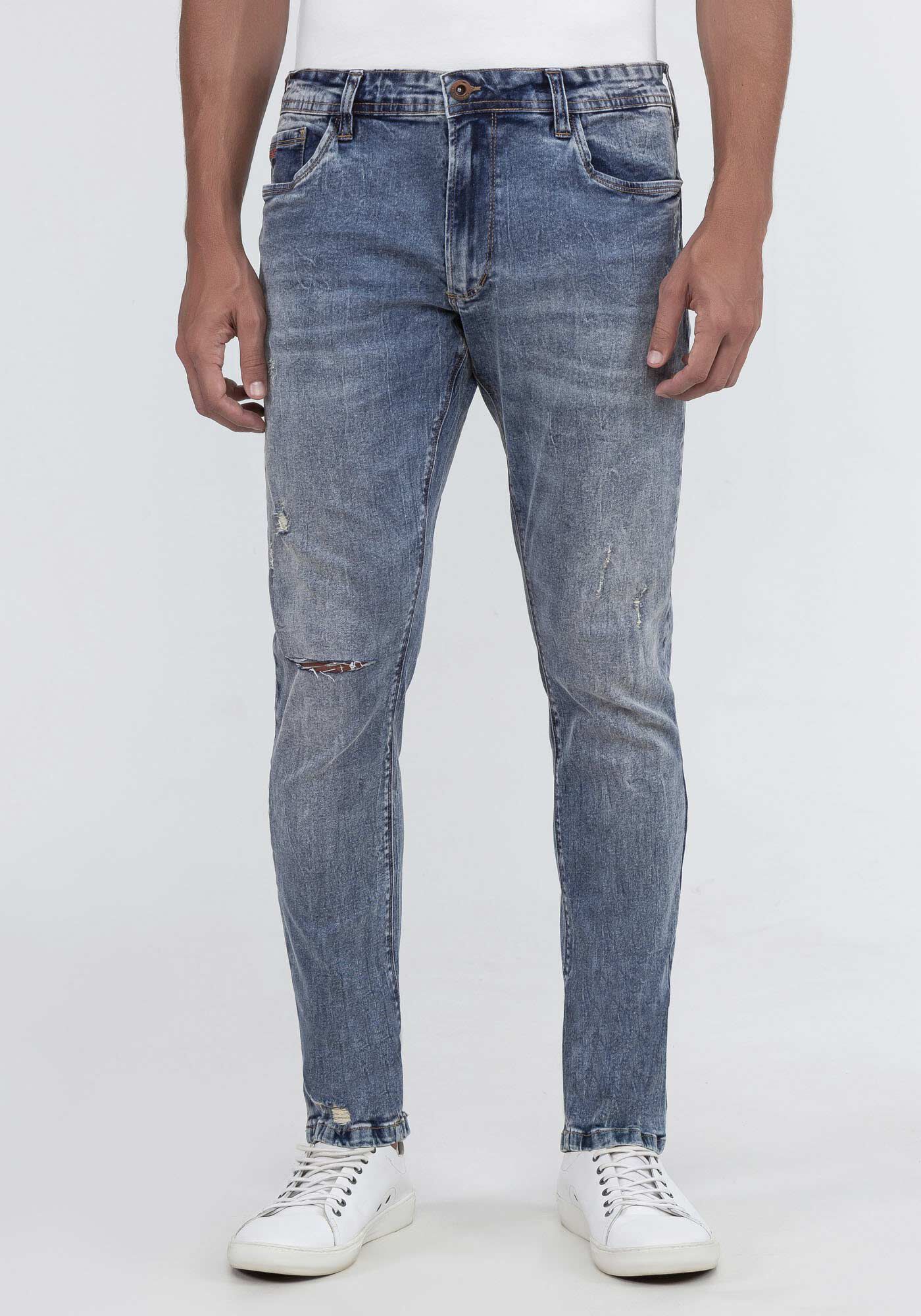 Calça jeans masculina carrot destroyed azul claro shop