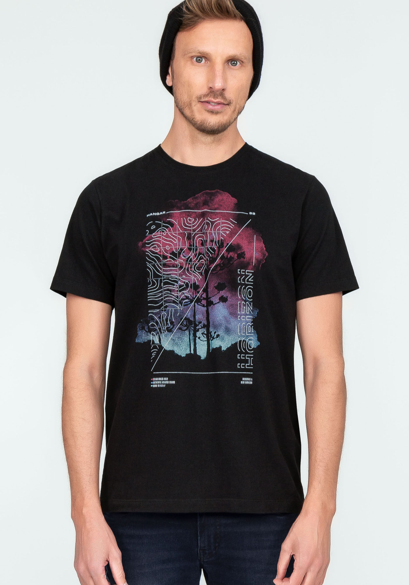 Camiseta Manga Curta em Malha Estampada, PRETO REATIVO, large.