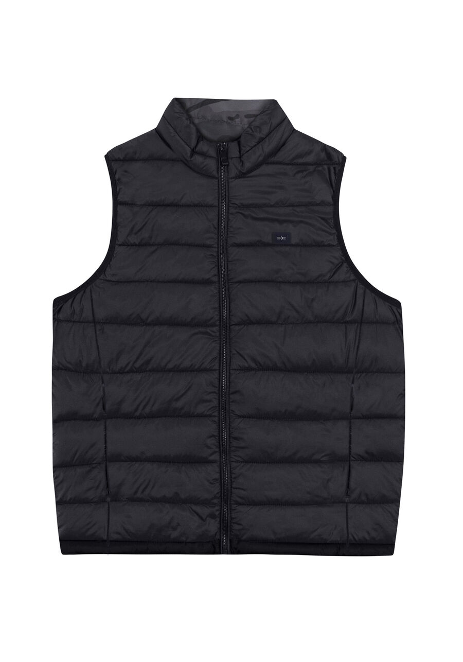 Colete Puffer Dupla Face Com Zíper E Gola Alta, PRETO REATIVO. Colete Puffer Dupla Face Com Zíper E Gola Alta, PRETO REATIVO, large.