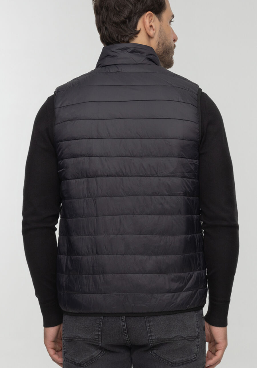 Colete Puffer Dupla Face Com Zíper E Gola Alta, PRETO REATIVO. Colete Puffer Dupla Face Com Zíper E Gola Alta, PRETO REATIVO, large.