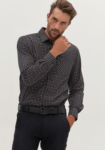 Camisa Masculina Comfort Xadrez com Bolso, PRETO REATIVO. Camisa Masculina Comfort Xadrez com Bolso, PRETO REATIVO, large.