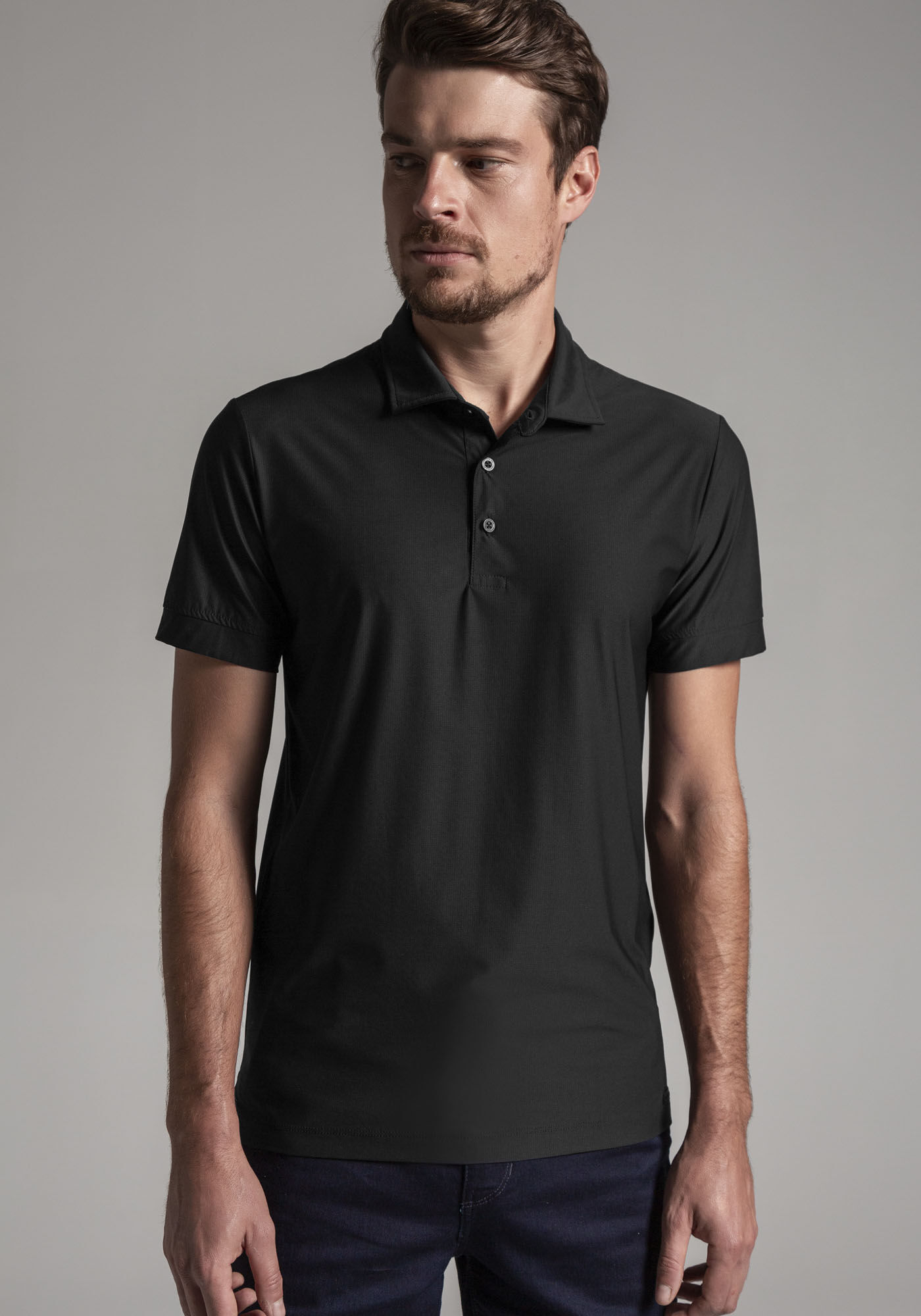 Camisa Polo Masculina em Malha Tech Skin, PRETO REATIVO, large.