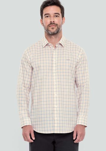 Camisa Masculina Slim Fit em Tricoline Xadrez, BRANCO/SALMAO. Camisa Masculina Slim Fit em Tricoline Xadrez, BRANCO/SALMAO, large.