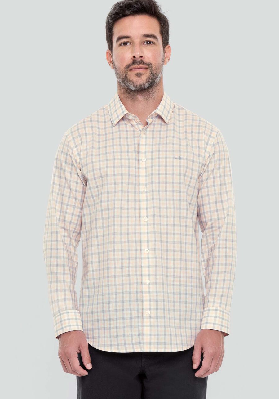 Camisa Masculina Slim Fit em Tricoline Xadrez, BRANCO/SALMAO. Camisa Masculina Slim Fit em Tricoline Xadrez, BRANCO/SALMAO, large.