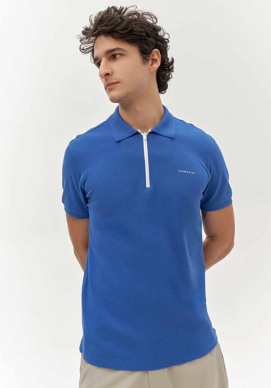 Camisa Polo Masculina em Malha Piquet com Zíper, AZUL OMEGA. Camisa Polo Masculina em Malha Piquet com Zíper, AZUL OMEGA, large.
