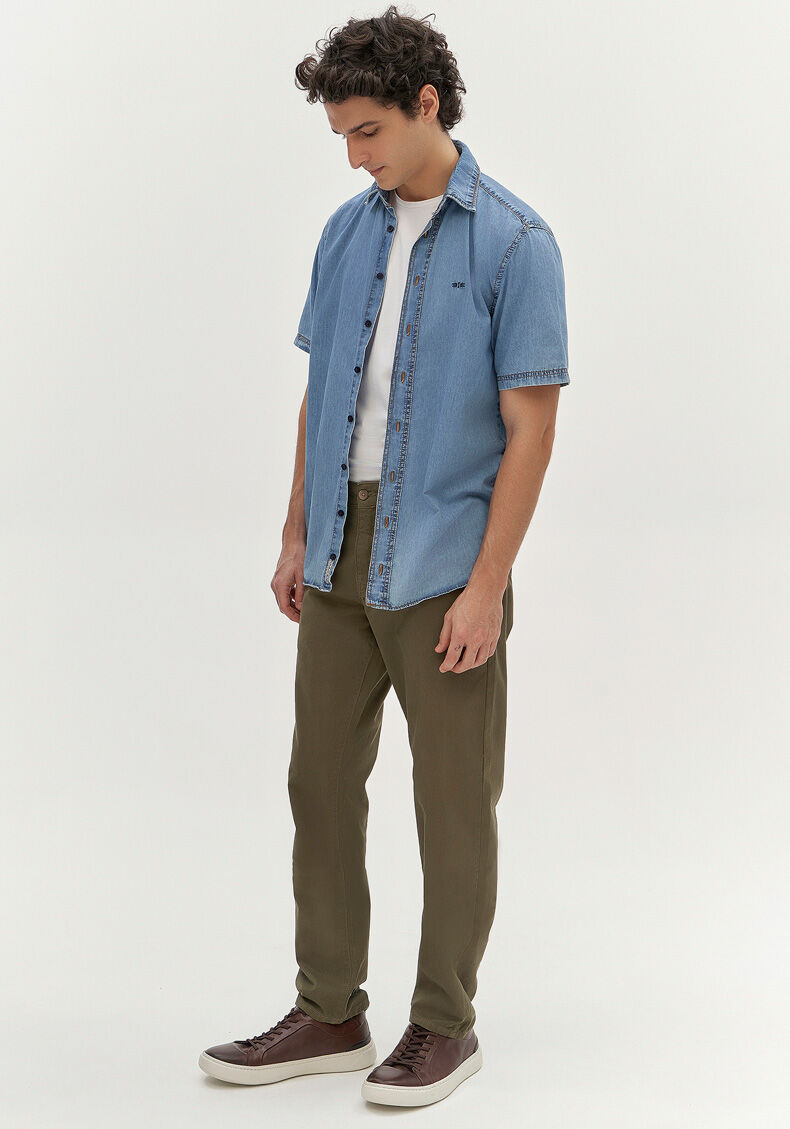 Cal&ccedil;a Slim Turbofan Em Sarja Com Elastano, VERDE GUS, large.