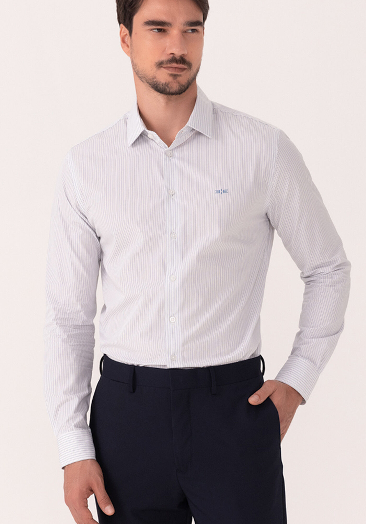 Camisa De Mangas Longas Em Algod&atilde;o Mercerizado, AZUL NIQUEL, large.