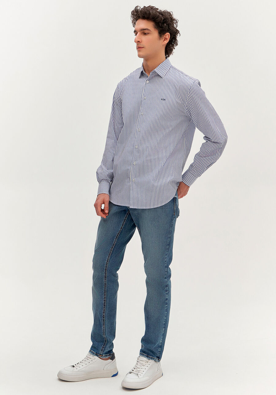 Camisa Masculina Comfort Listrada com Elastano, AZUL. Camisa Masculina Comfort Listrada com Elastano, AZUL, large.