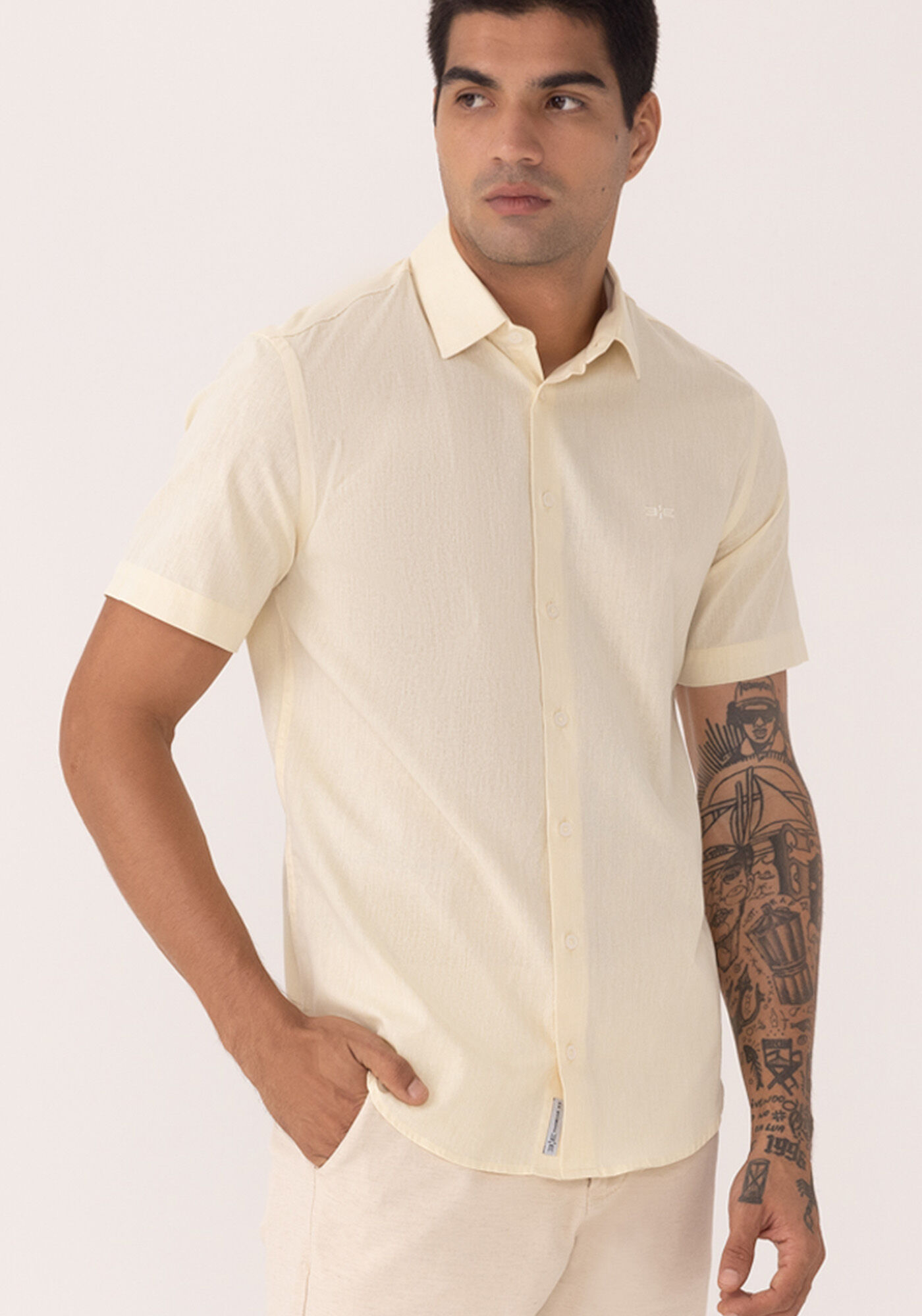 Camisa De Mangas Curtas Slim Fit Com Linho, AMARELO ROSITA, large.