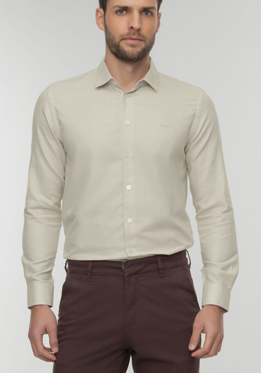 Camisa Slim Fit De Mangas Longas Em Tecido Oxford, BEGE GINGER. Camisa Slim Fit De Mangas Longas Em Tecido Oxford, BEGE GINGER, large.