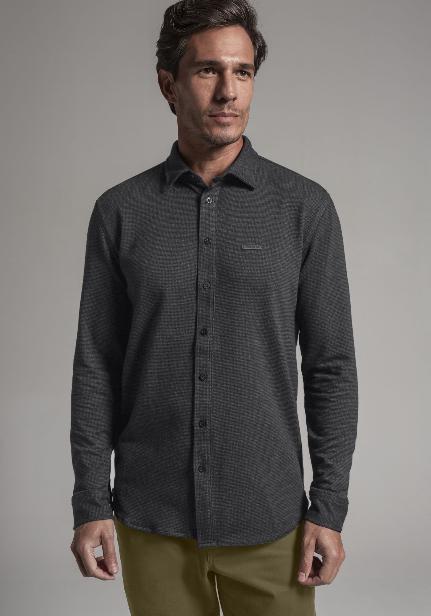 Camisa Masculina Comfort em Malha Pied Poule, PRETO REATIVO, large.
