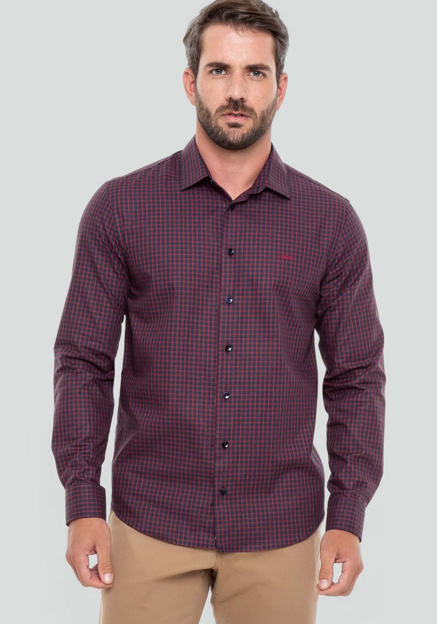 Camisa Manga Longa Masculina em Tricoline Slim Fit, VERMELHO F/MARINHO F. Camisa Manga Longa Masculina em Tricoline Slim Fit, VERMELHO F/MARINHO F, large.
