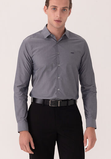 Camisa Slim Fit Em Tecido Mercerizado De Algodão, PRETO. Camisa Slim Fit Em Tecido Mercerizado De Algodão, PRETO, large.