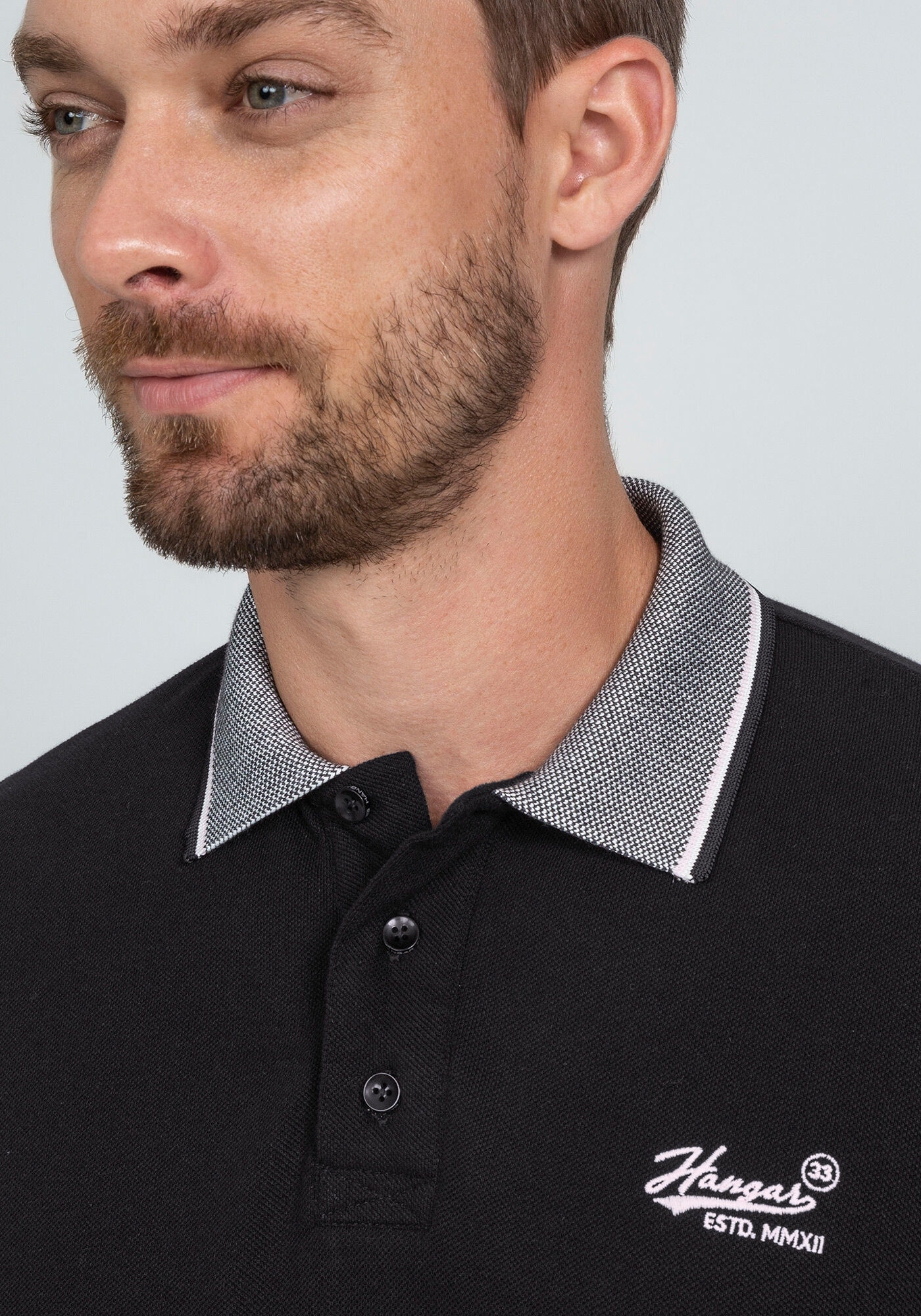 Camisa Polo em Malha Piquet com Retil&iacute;nea, PRETO REATIVO, large.