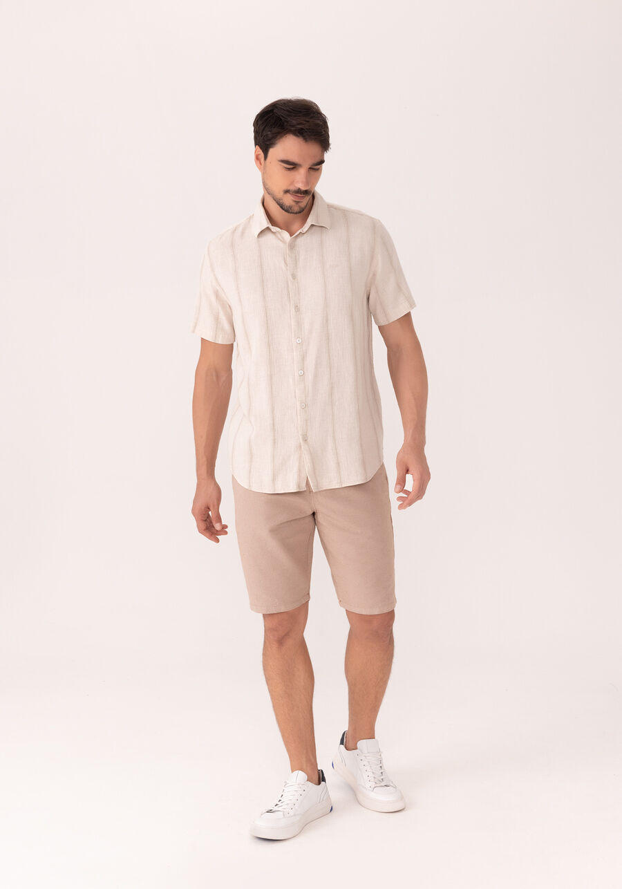 Camisa De Mangas Curtas Comfort Em Tecido Com Linho, VERTICAL OCRE. Camisa De Mangas Curtas Comfort Em Tecido Com Linho, VERTICAL OCRE, large.