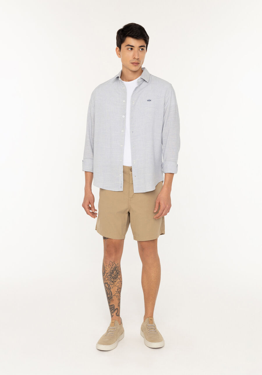 Shorts Reto Masculino Em Sarja Texturizada Com Elastano, CAQUI RAIZ. Shorts Reto Masculino Em Sarja Texturizada Com Elastano, CAQUI RAIZ, large.