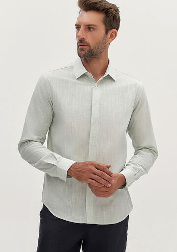 Camisa Masculina Slim Fit em Tecido Flamê, VERDE CLARO. Camisa Masculina Slim Fit em Tecido Flamê, VERDE CLARO, large.