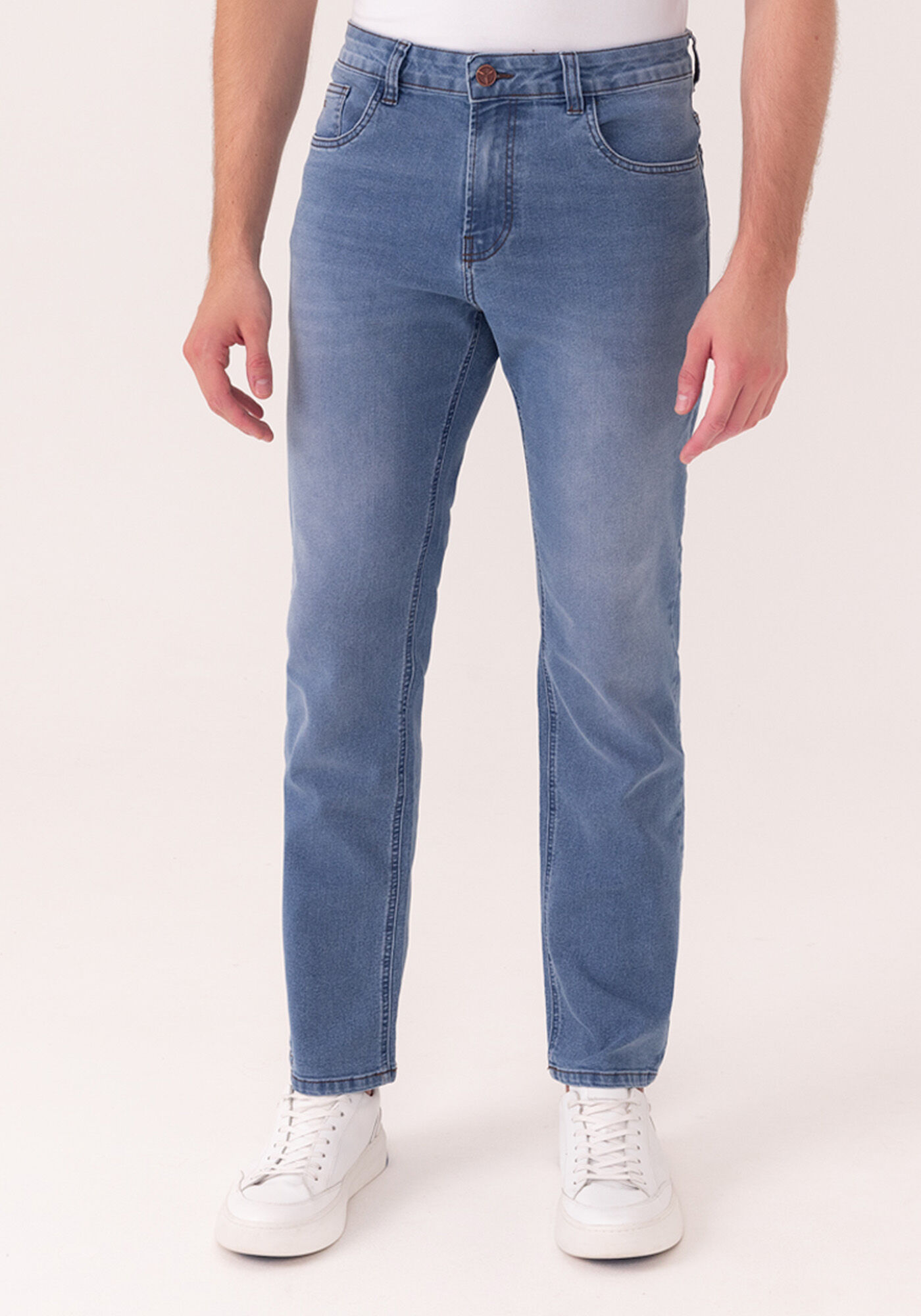 Cal&ccedil;a Reta Radial Com Bolsos Em Jeans Com Elastano, JEANS, large.