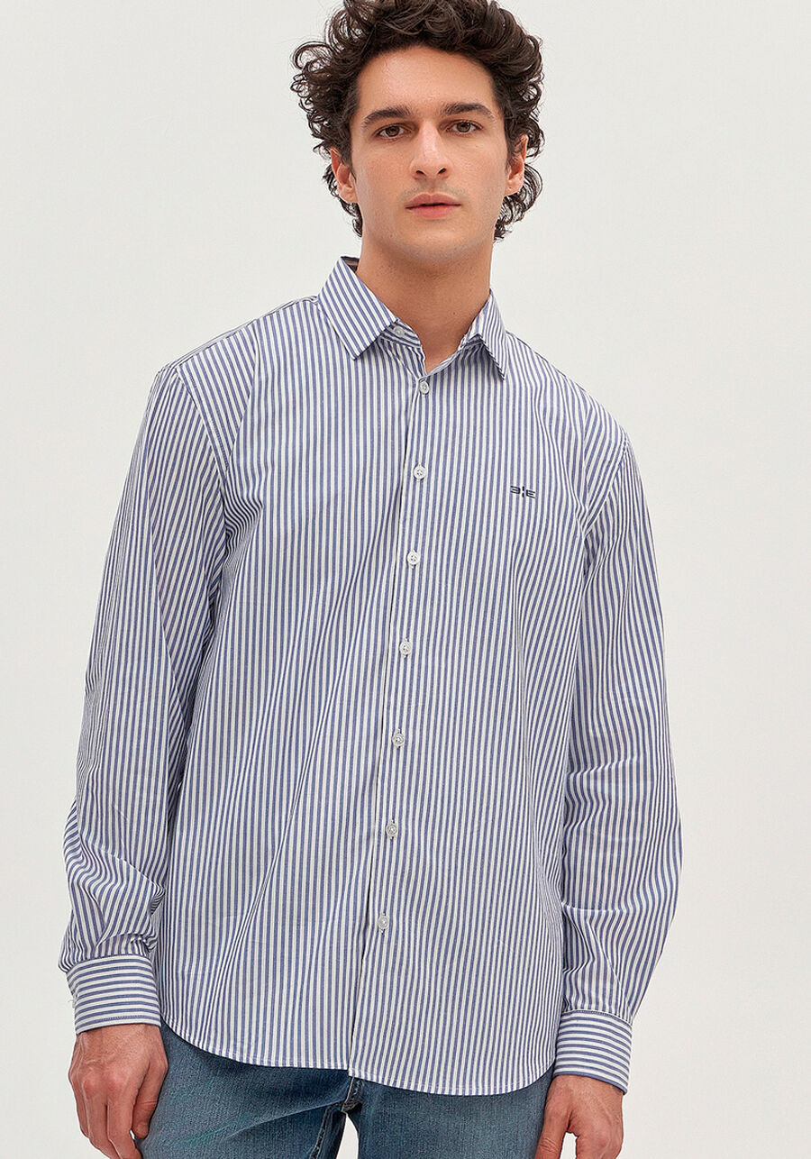 Camisa Masculina Comfort Listrada com Elastano, AZUL. Camisa Masculina Comfort Listrada com Elastano, AZUL, large.