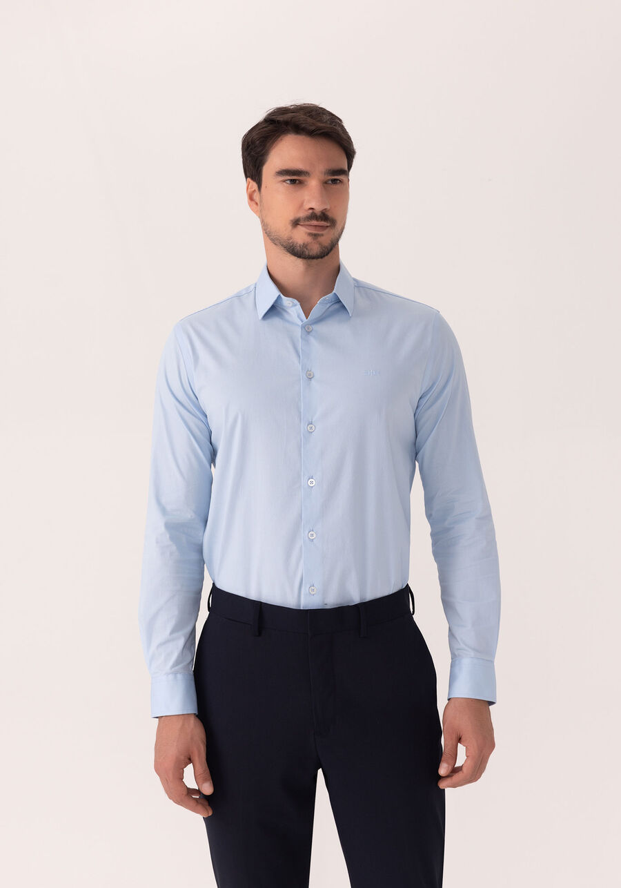 Camisa De Mangas Longas Em Algodão Mercerizado Com Elastano, AZUL BRIGHT. Camisa De Mangas Longas Em Algodão Mercerizado Com Elastano, AZUL BRIGHT, large.