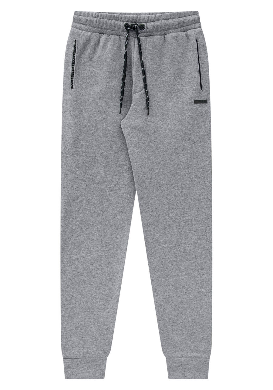 Calça Jogger Juvenil em Moletom com Detalhe Tela, MESCLA MEDIO. Calça Jogger Juvenil em Moletom com Detalhe Tela, MESCLA MEDIO, large.