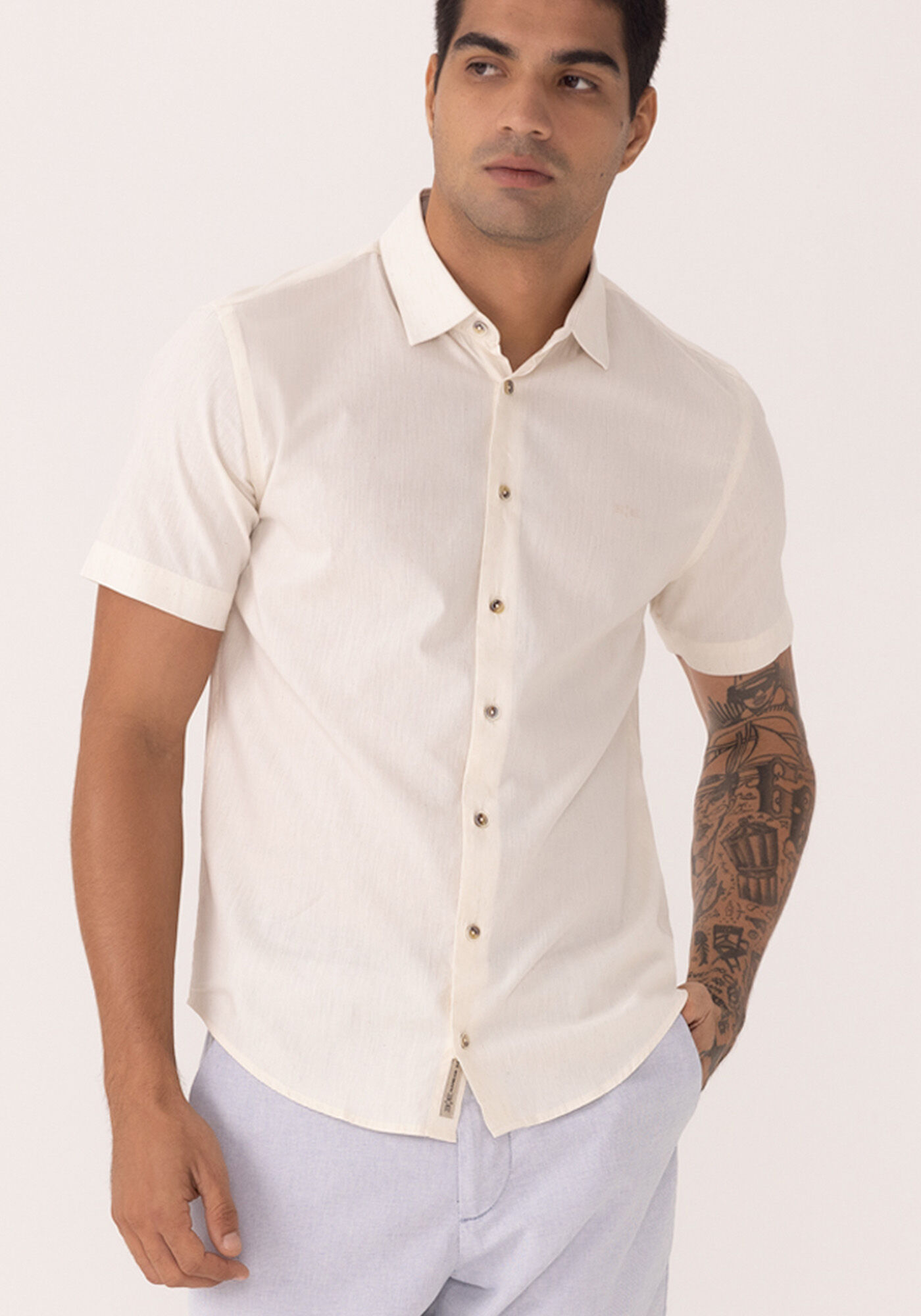 Camisa De Mangas Curtas Com Linho, BRANCO OFF WHITE, large.