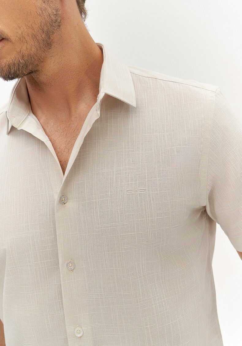 Camisa Manga Curta Masculina em Tecido Flam&ecirc;, BEGE, large.