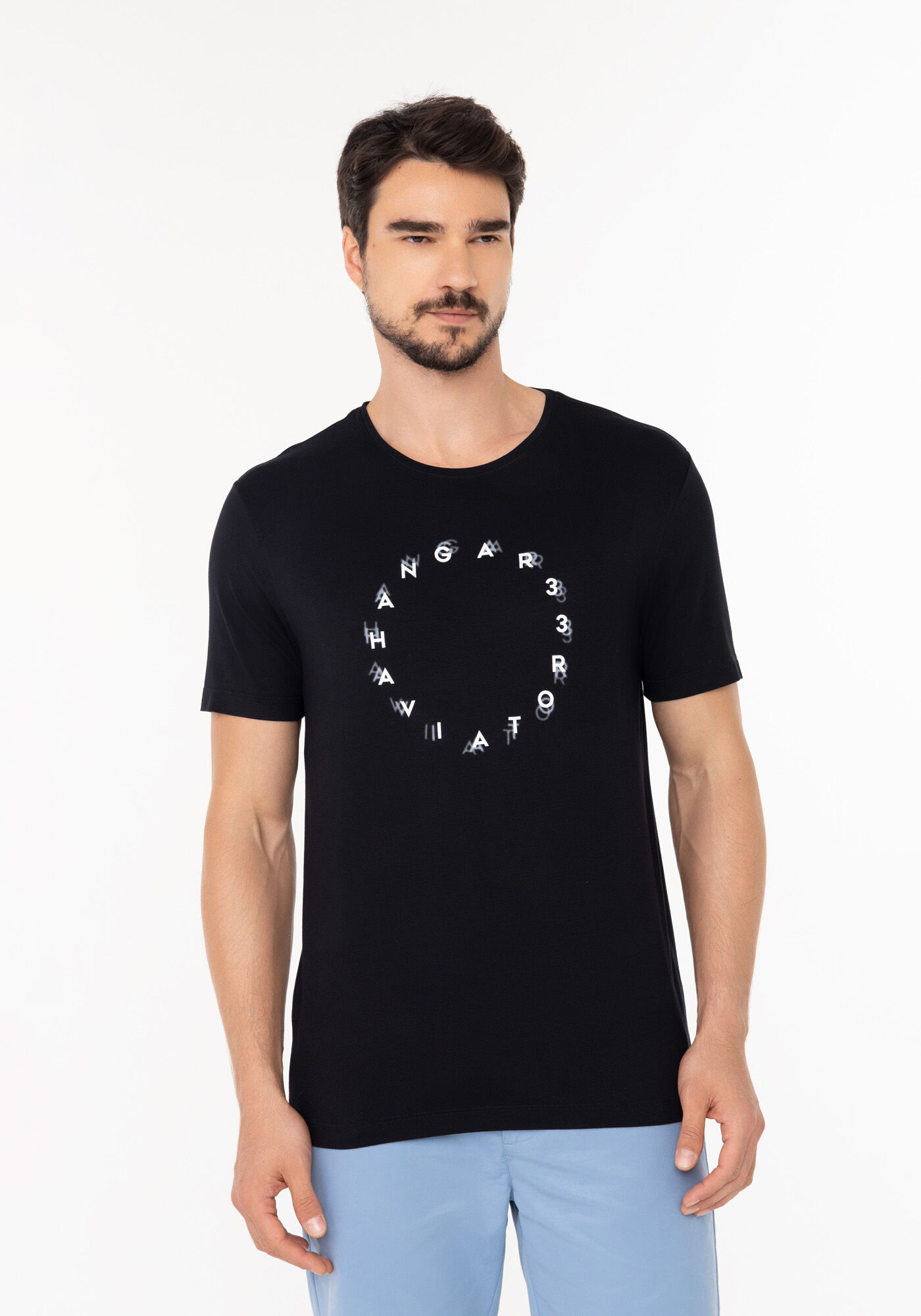 Camiseta De Mangas Curtas Com Estampa Em Malha Com Elastano, PRETO, large.