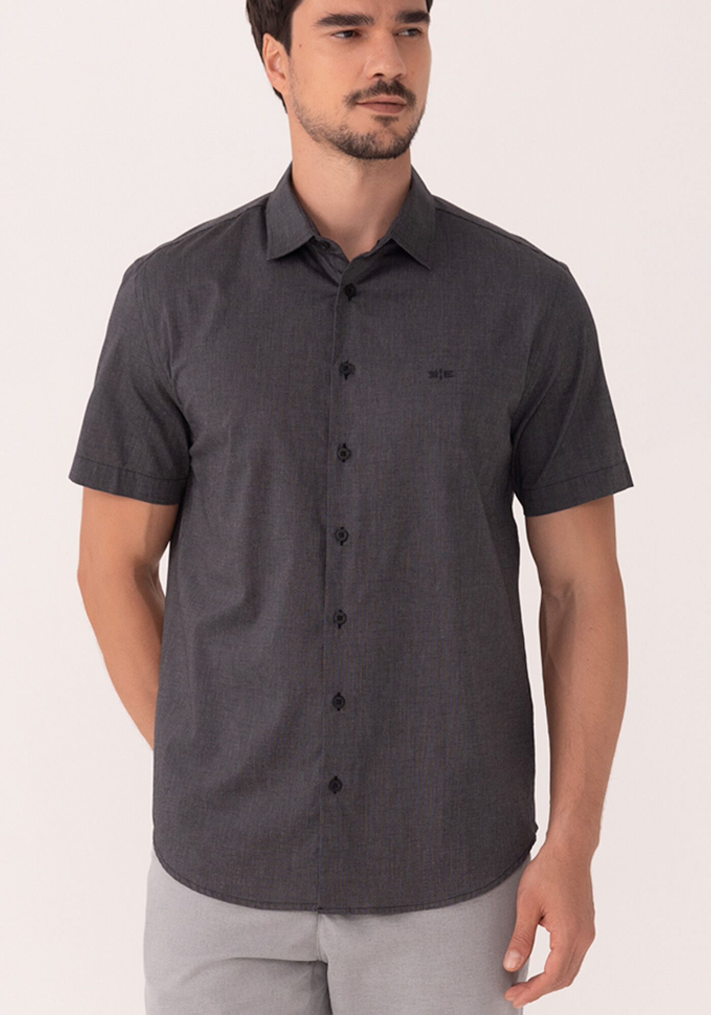 Camisa Comfort De Mangas Curtas Em Tecido De Algod&atilde;o, PRETO, large.