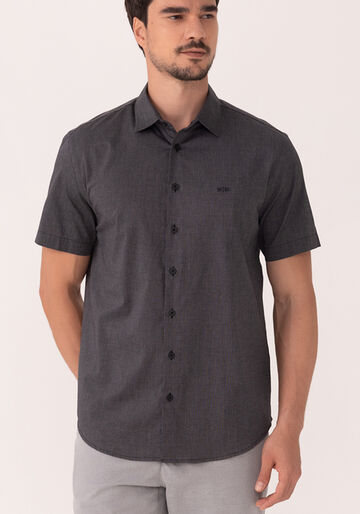 Camisa Comfort De Mangas Curtas Em Tecido De Algodão, PRETO. Camisa Comfort De Mangas Curtas Em Tecido De Algodão, PRETO, large.