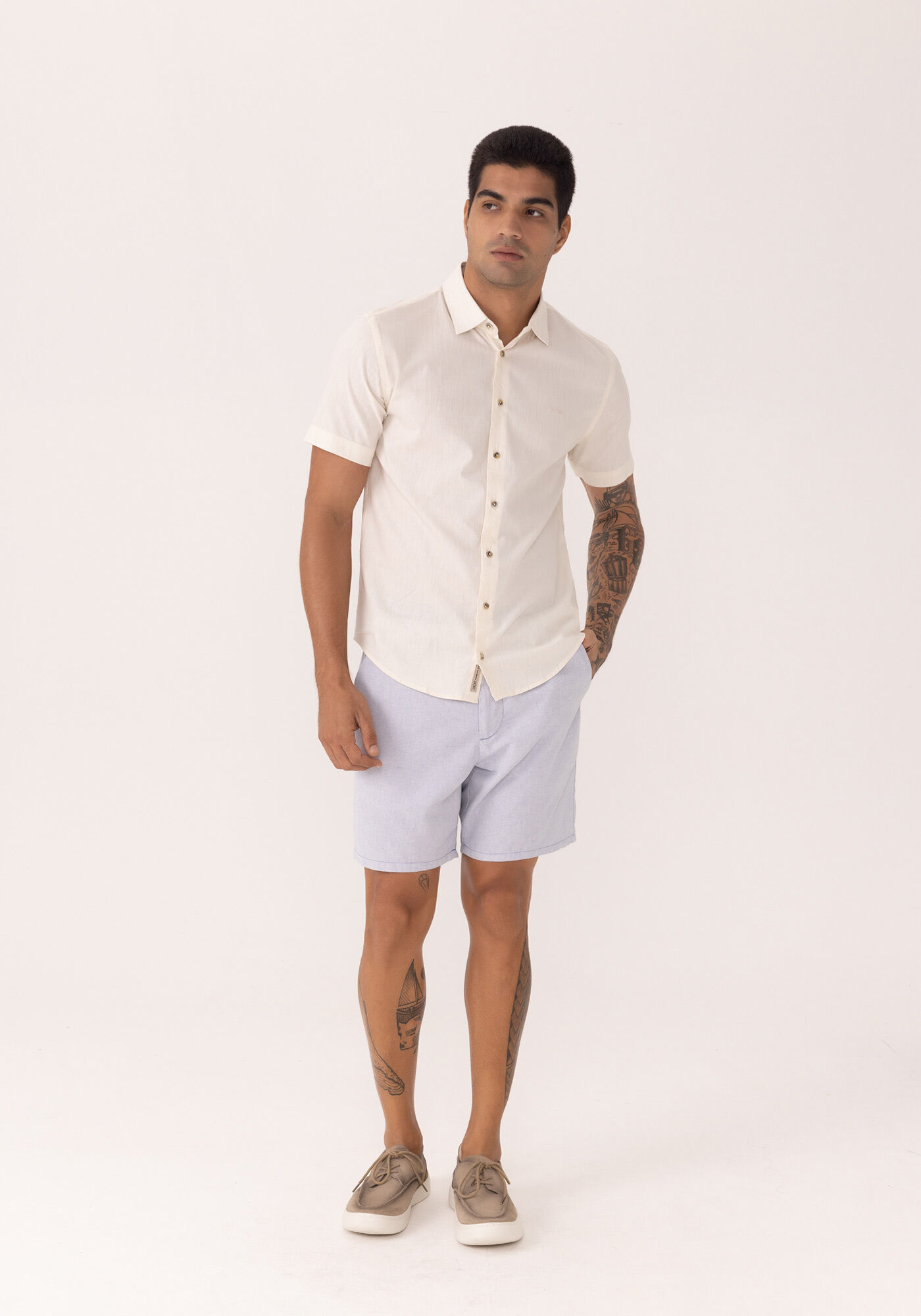 Camisa De Mangas Curtas Com Linho, BRANCO OFF WHITE, large.