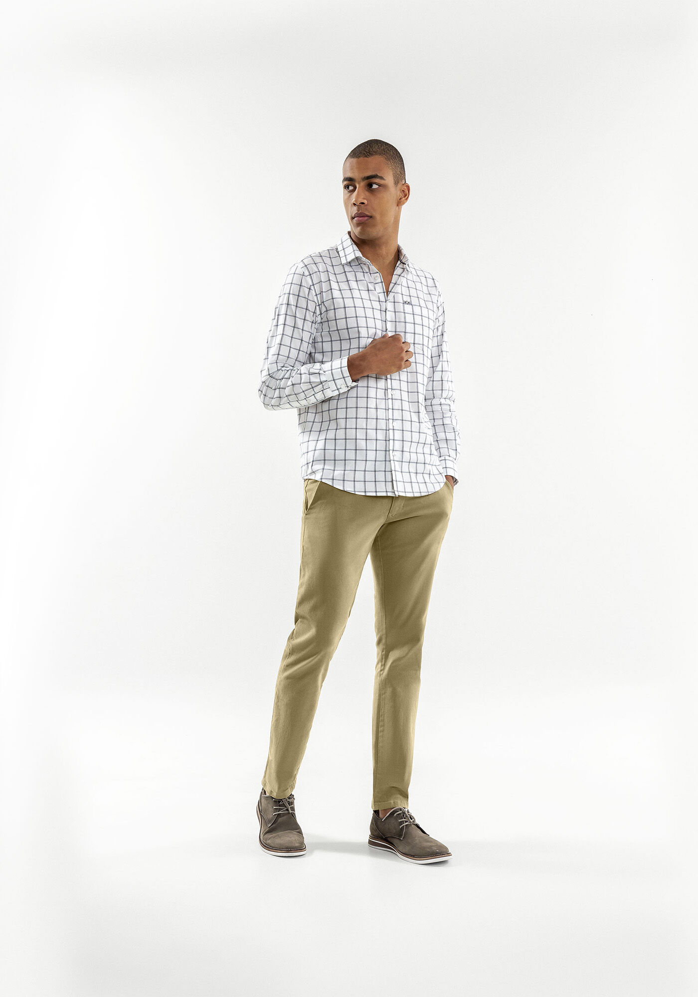 Camisa Masculina  Comfort em Tricoline Xadrez, BRANCO, large.